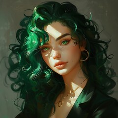 A receptionist with captivating jade eyes and curly emerald green hair, dressed impeccably, emanating warmth.