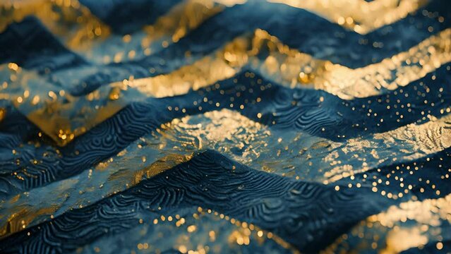 A luxurious fabric with a thick embossed chevron pattern in shades of navy blue and gold.