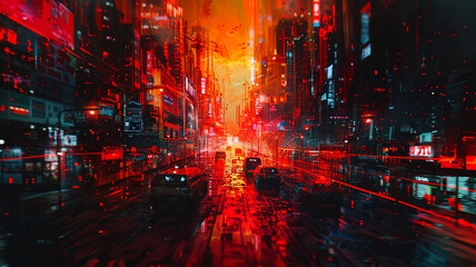Obraz premium Cyberpunk Cityscape with Neon Lights and Busy Traffic in Rainy Night