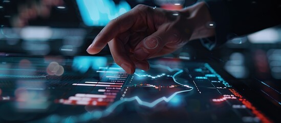 Closeup of hand pointing at a digital stock market chart on a computer screen, with a dark background and futuristic interface elements and numbers.
