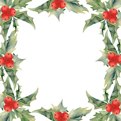 Holly evergreen leaves with red berries rosette. Watercolor hand drawn illustration, border frame isolated on white. Xmas, happy new year festive, noel navidad. Cards gifts florist shop, wedding