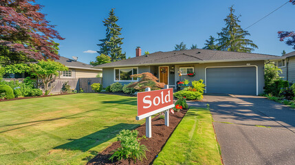 A bold "Sold" sign is prominently displayed in front of a charming suburban home, with a well-manicured lawn and tidy garden