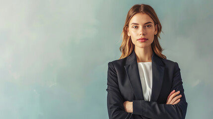 A businesswoman stands confidently, embodying success and leadership in the corporate world