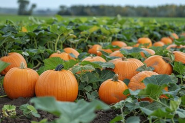 Ripe Pumpkins Growing in a Field on a Sunny Day