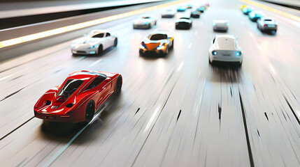 Concept image of challenge and teamwork. Red car leading the group.