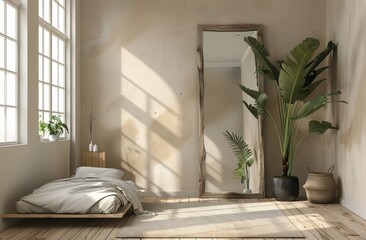 Minimalist Bedroom With White Bedding and Green Plants in Natural Sunlight