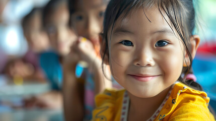 copy space, close up of some primary school students in a primary school classroom in asia