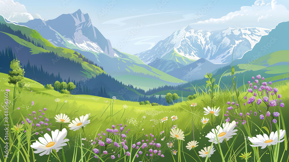 Wall mural copy space, Vector illustration. View of an alpine landscape. Simple vector illustration, with meadows and some wild flowers