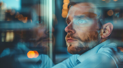 Gazing out of the office window, a businessman appears pensive, his reflection mirroring the somber mood within