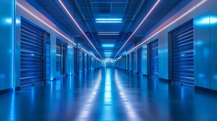 Obraz premium Futuristic Blue Lit Industrial Storage Facility with Metal Shutters