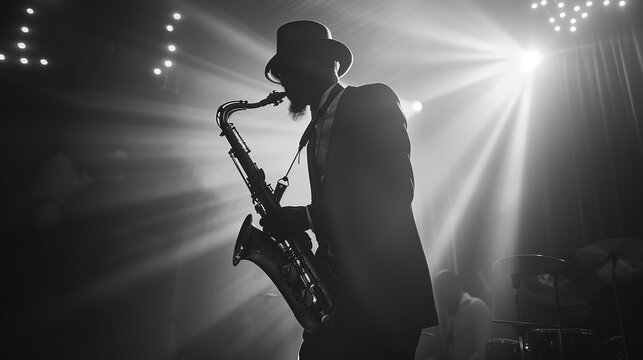 Under dramatic lighting, the silhouette of a saxophonist takes center stage, captivating the audience in the background