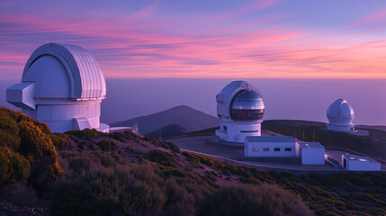 Various modern telescopes including MAGIC or Major Atmospheric Gamma Imaging Cherenkov Telescope located on hill slope at astronomical observatory on island of La Palma in Spain