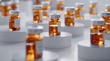 Glass Vials of Liquid on White Platforms