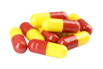Many antibiotic pills isolated on white. Medicinal treatment