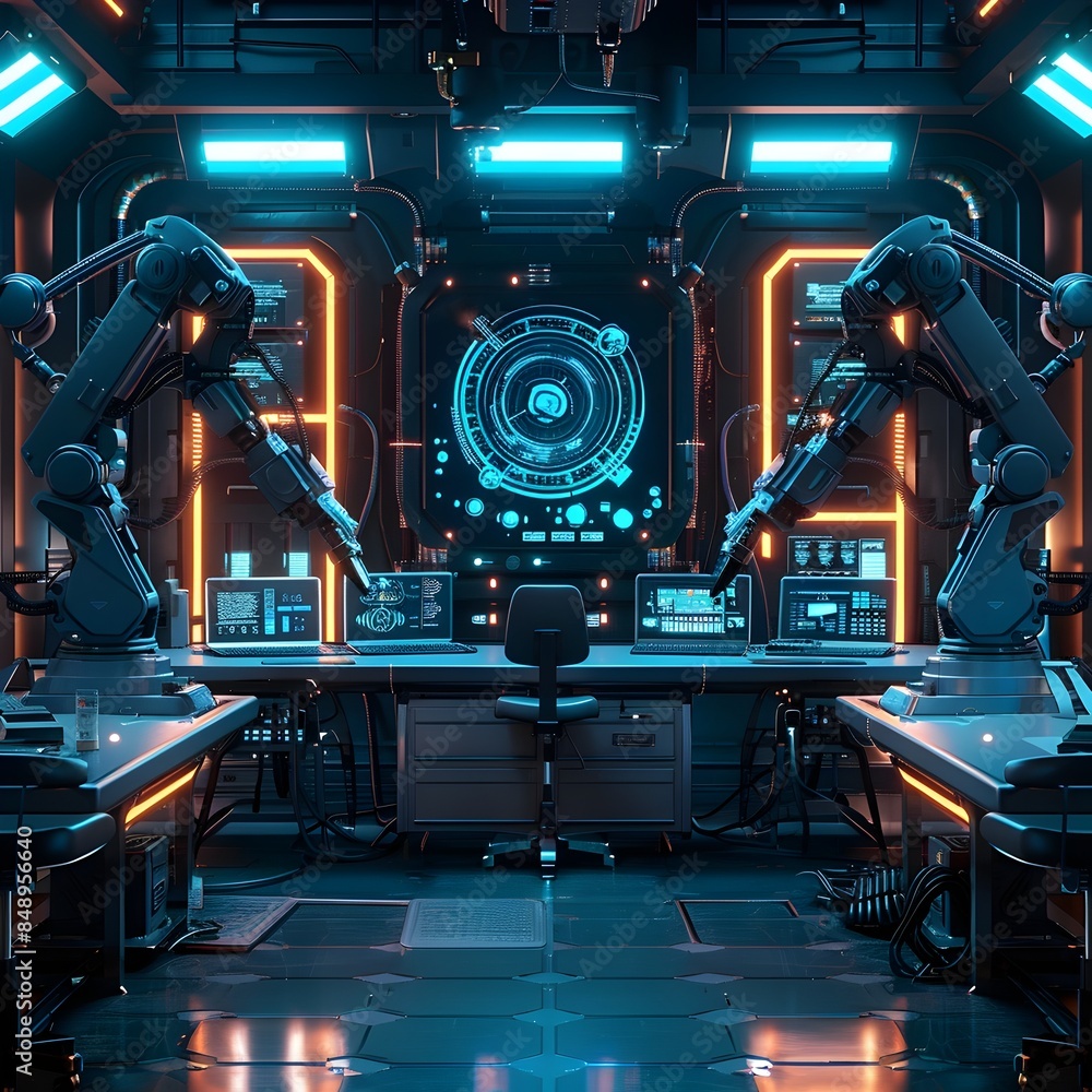 Poster high tech robotic laboratory with futuristic consoles and glowing interfaces cyber background concep
