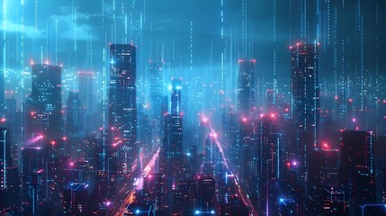 Fototapeta premium Futuristic Neon Cityscape with Cyber Enhanced Towering Skyscrapers and Glowing Digital Backdrop Concept