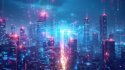 Fototapeta premium Futuristic Neon Cityscape with Cyber Enhanced Towering Skyscrapers and Captivating Atmosphere