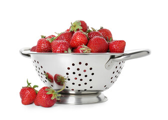 Metal colander with fresh strawberries isolated on white