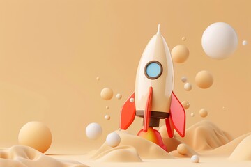 3d, rocket, beige background cute