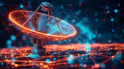 Satellite dish integrated with a digital communication network overlay, ultra-realistic rendering, dish blending with network elements, advanced tech theme, vibrant and dynamic