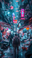 Fototapeta premium Street Market with Vendors Selling High Tech Gadgets Under Neon Lights