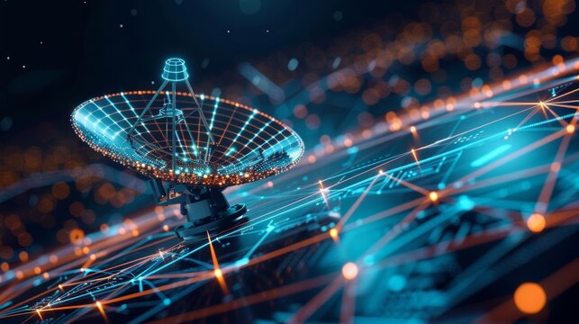 Satellite dish integrated with a digital communication network overlay, ultra-realistic rendering, dish blending with network elements, advanced tech theme, vibrant and dynamic