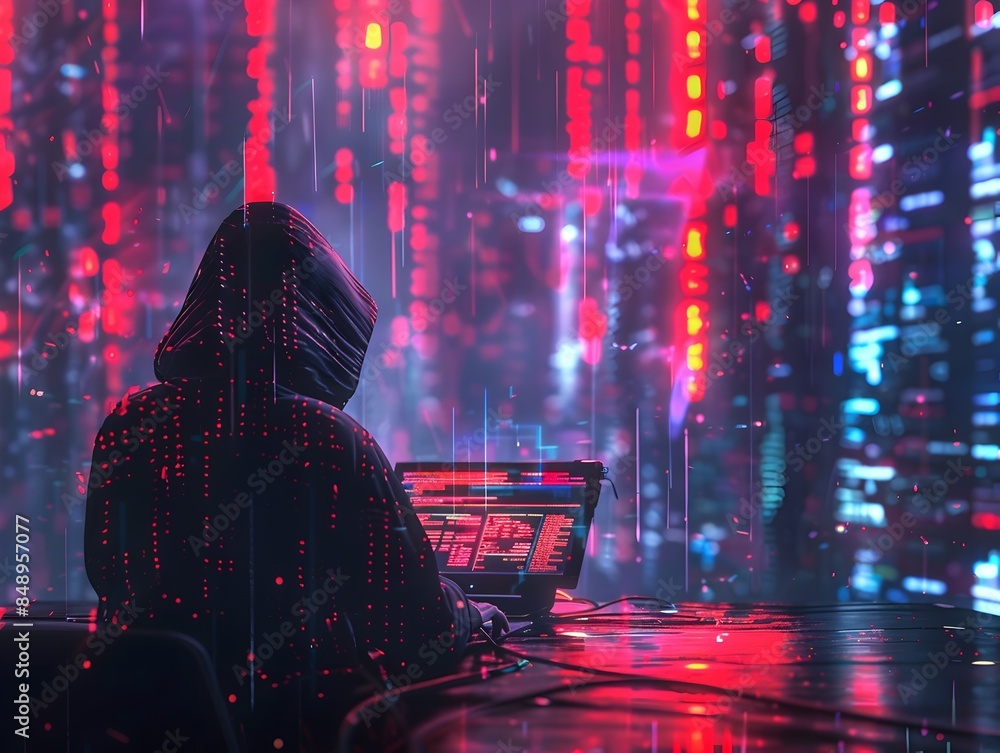 Poster cyber hacker surrounded by neon lit data streams and advanced technology concepts