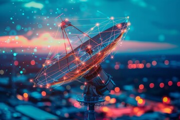 Satellite dish with a digital communication network overlay, blending seamlessly, high-definition detail, global communication, advanced satellite technology, vibrant design