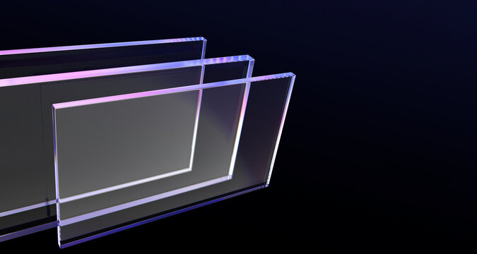 3d abstract neon light glass rectangle plates on dark black background. Iridescent transparent holographic gradient panels of acrylic, plastic or plexiglass, technology design render. 3D illustration