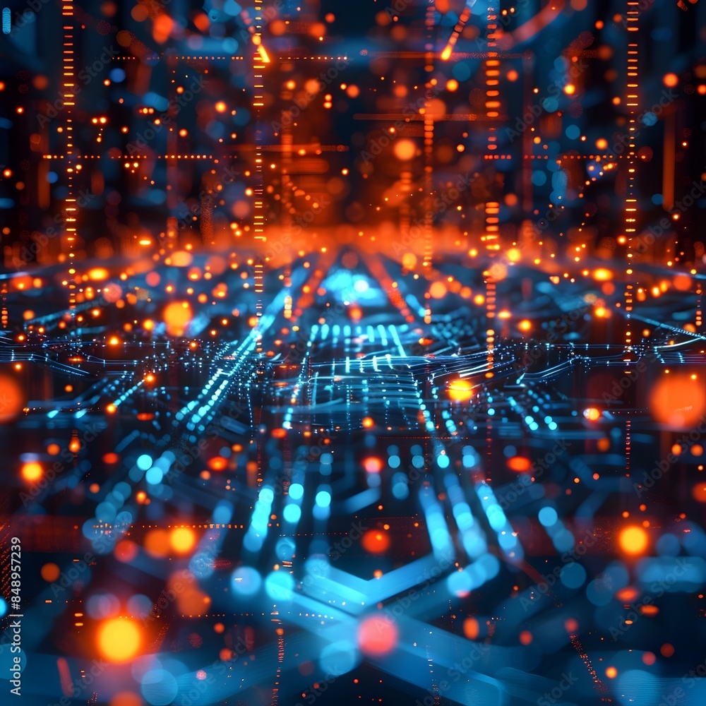 Poster advanced ai powered digital hub with glowing servers and cyber data streams
