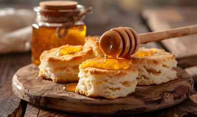 Freshly baked buttery biscuits with honey , Generative AI