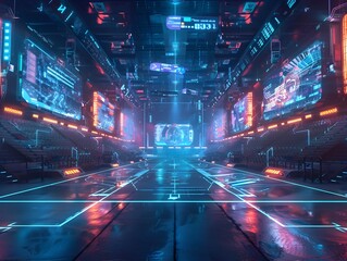 Futuristic Arena with Holographic Scoreboards and Competing Cyber Athletes
