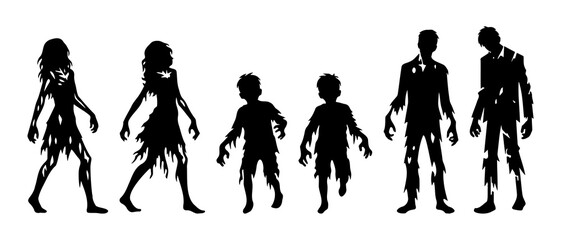 Witch, vampire, demon, creepy and spooky elements. Scary zombie family front view silhouette black filled vector Illustration icon