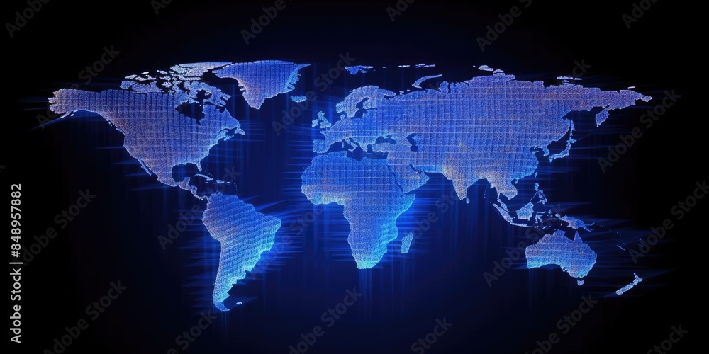 Poster glowing digital world map on a dark background with sparkling light points. global communication and