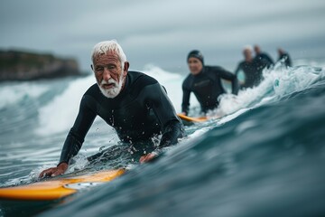 Elderly Surfers Paddling on Waves