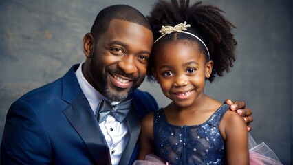 "Dress-Up Fun": A charming image of a Black father and daughter dressed in fancy attire, perhaps for a special event or playtime.

