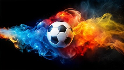 Naklejka premium A soccer ball flies through clouds of colored smoke.