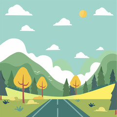Background of the landscape. The road in the green valley, mountains, hills, clouds and the sun in the sky. Flat style of illustration of spring or summer nature. Vector illustration