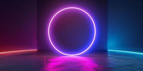 Obraz premium Neon digital light halo, active background, HD wallpaper, background, generated by AI.Vibrant Neon Light Halo in Event Background - High-Definition Wallpaper
