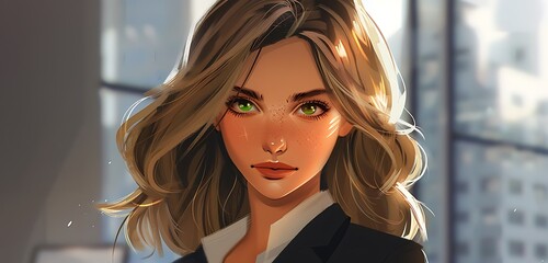 A receptionist with mysterious green eyes and shoulder-length blonde hair, wearing a trendy attire, emanating approachability and grace.