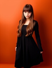 Happy young beautiful blonde girl in black dress