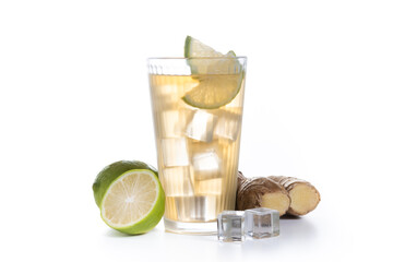 Fresh ginger ale drink isolated on white background.