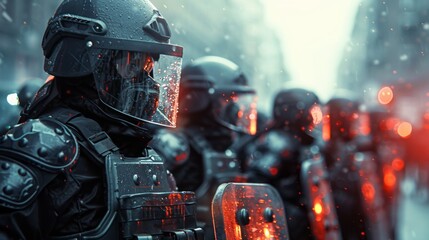 Fototapeta premium Riot Police in Full Gear, Facing a Crowd