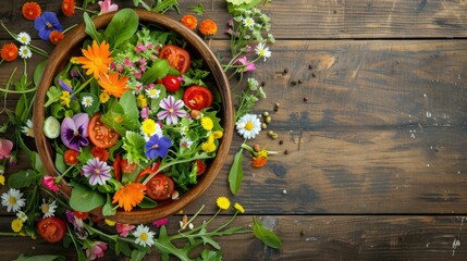 A colorful salad bowl decorated with edible flowers sits on a rustic wooden table, creating a beautiful and artistic display of natures bounty AIG50