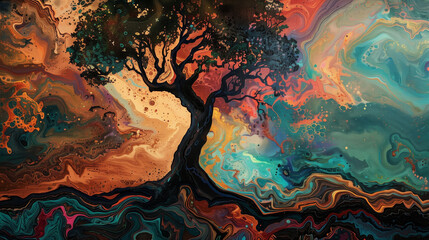vibrant tree with deep roots in colorful abstract landscape