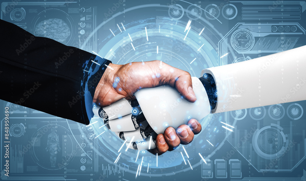 Aufkleber mlp 3d illustration humanoid robot handshake to collaborate future technology development by ai thin