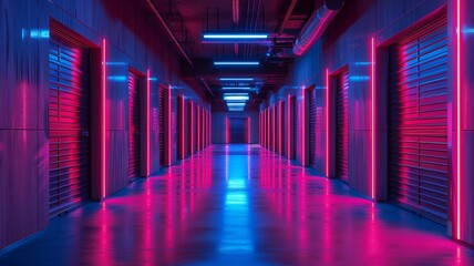 Fototapeta premium Neon Lit Corridor with Garage Doors
