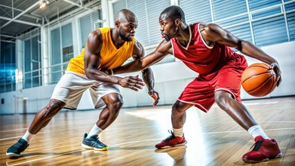 Two athletic basketball players engage in a fierce one-on-one match on an indoor court. The player in red controls the ball while the defender in yellow attempts to block. 