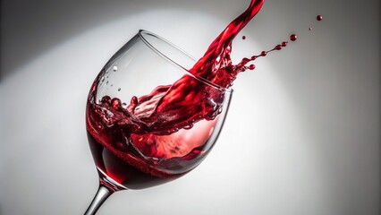 Fototapeta premium Rich, velvety red wine cascades into a delicate glass, creating a mesmerizing splash against a pristine white backdrop, exuding luxury and refined sophistication.