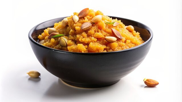 Golden brown suji halwa, garnished with chopped nuts, is elegantly displayed in a sleek black bowl, set against a pristine white background, evoking warmth and comfort.